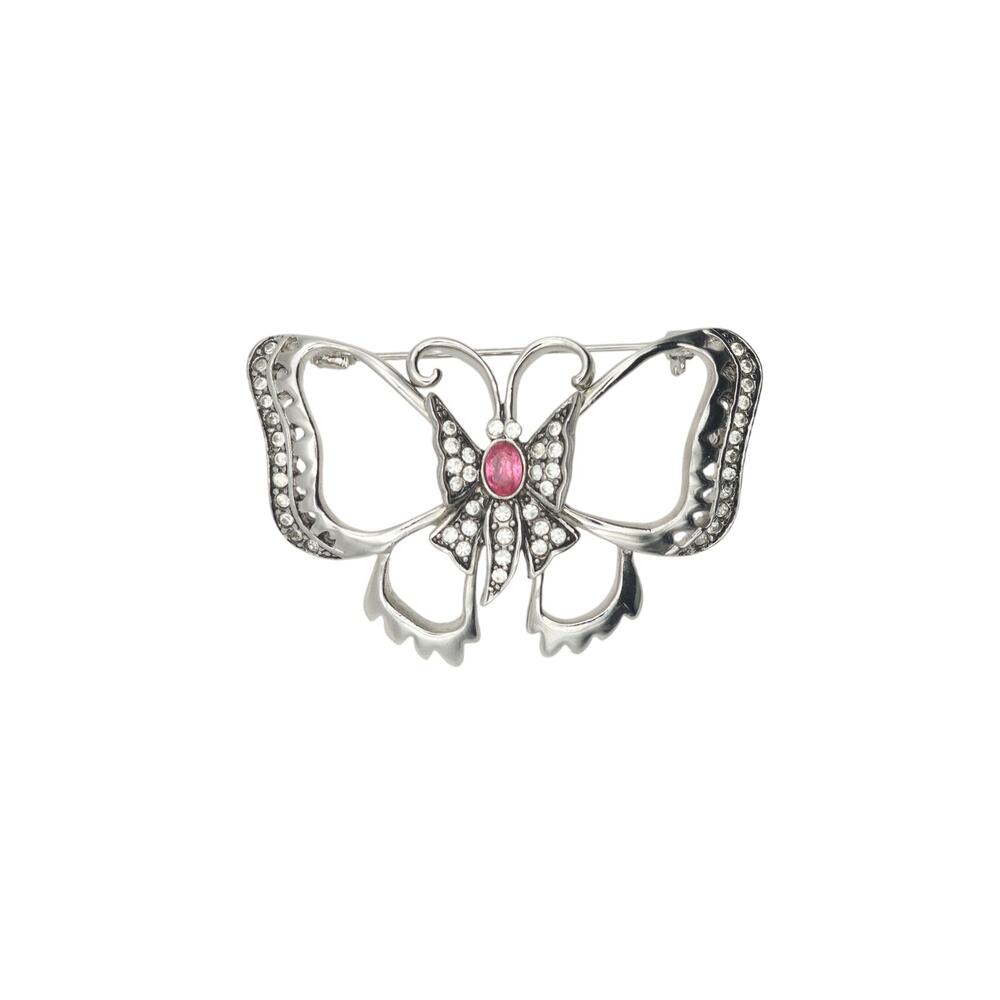 Vintage Butterfly Brooch Silver-Tone Pink & Clear Rhinestones